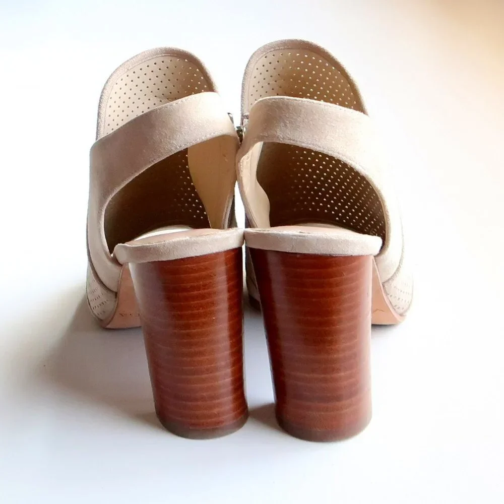 Via Spiga Beige Suede Leather Peep Toe Block Heel Perforated Bootie Shoes 5.5 - Picture 6 of 16